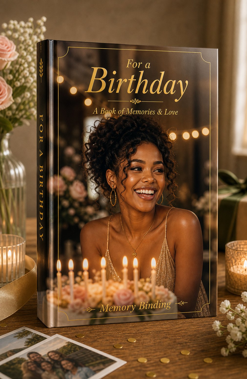 A birthday keepsake book with a gold-foil cover and full photograph of the person it was made for, standing on a table beside candles and flowers