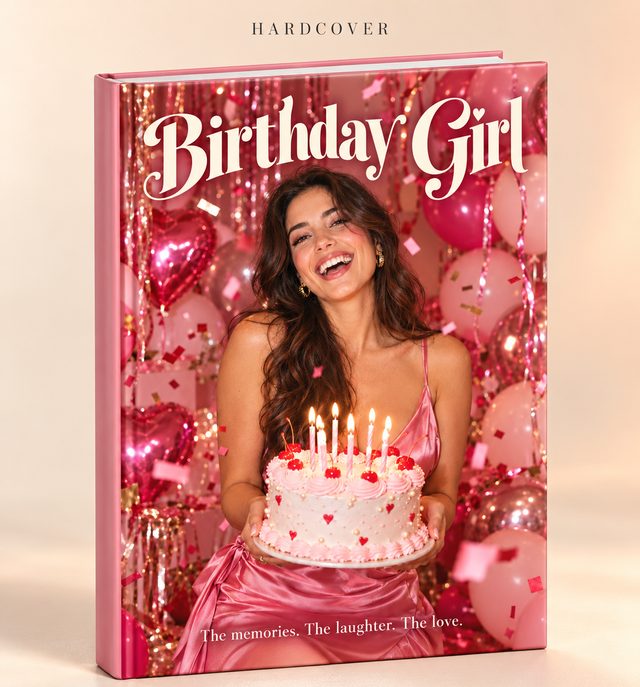 A hardcover keepsake book titled Birthday Girl, with a photograph of a smiling woman holding a birthday cake surrounded by pink balloons