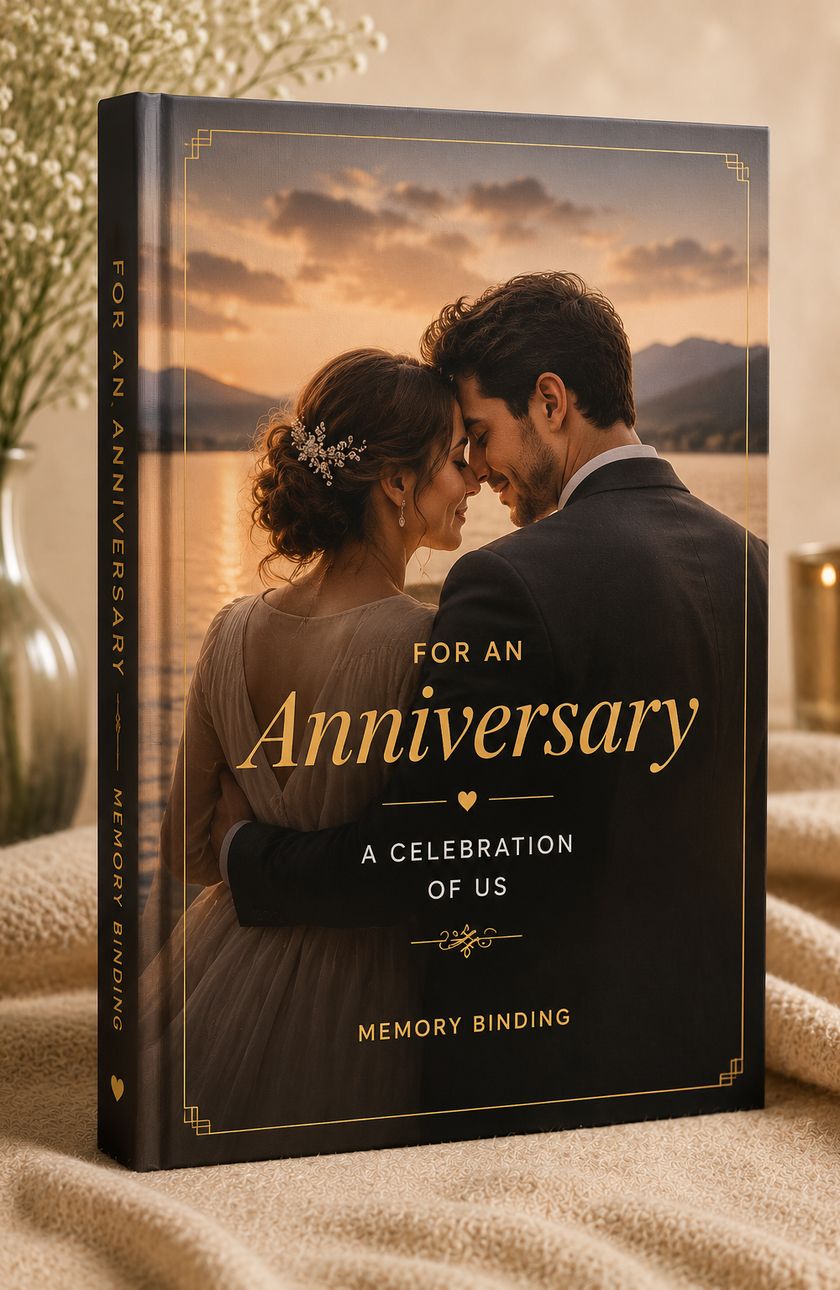 An anniversary keepsake book with a photograph of a couple at sunset