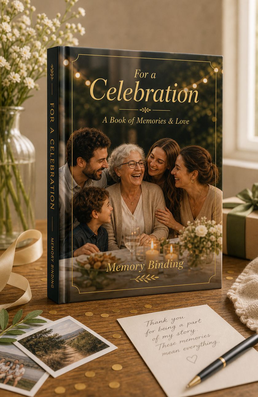 A celebration keepsake book with a full photograph of a family laughing together