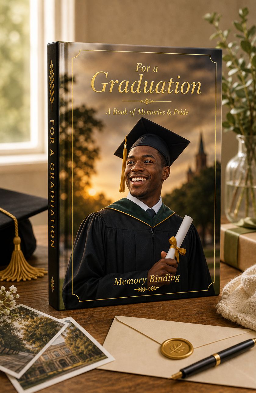 A graduation keepsake book with a full photograph of a smiling graduate in cap and gown