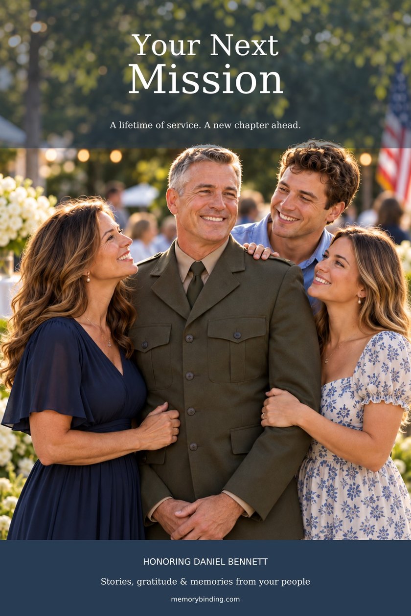 A keepsake book titled Your Next Mission, with a photograph of a retiring service member in uniform with his family