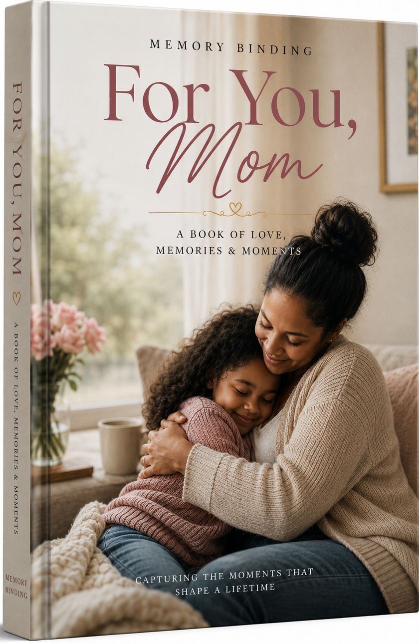 A keepsake book titled For You, Mom, with a photograph of a mother hugging her daughter
