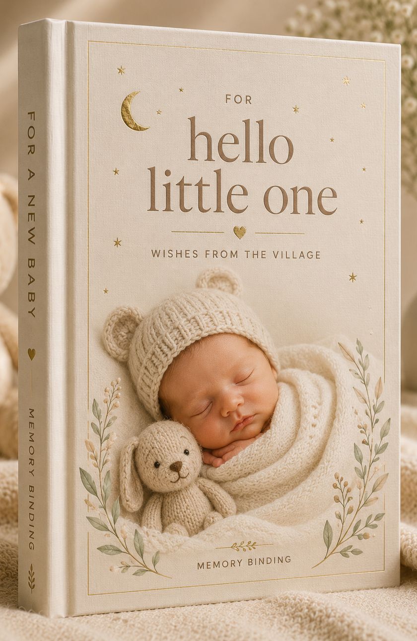 A cream keepsake book titled hello little one, with a photograph of a sleeping newborn