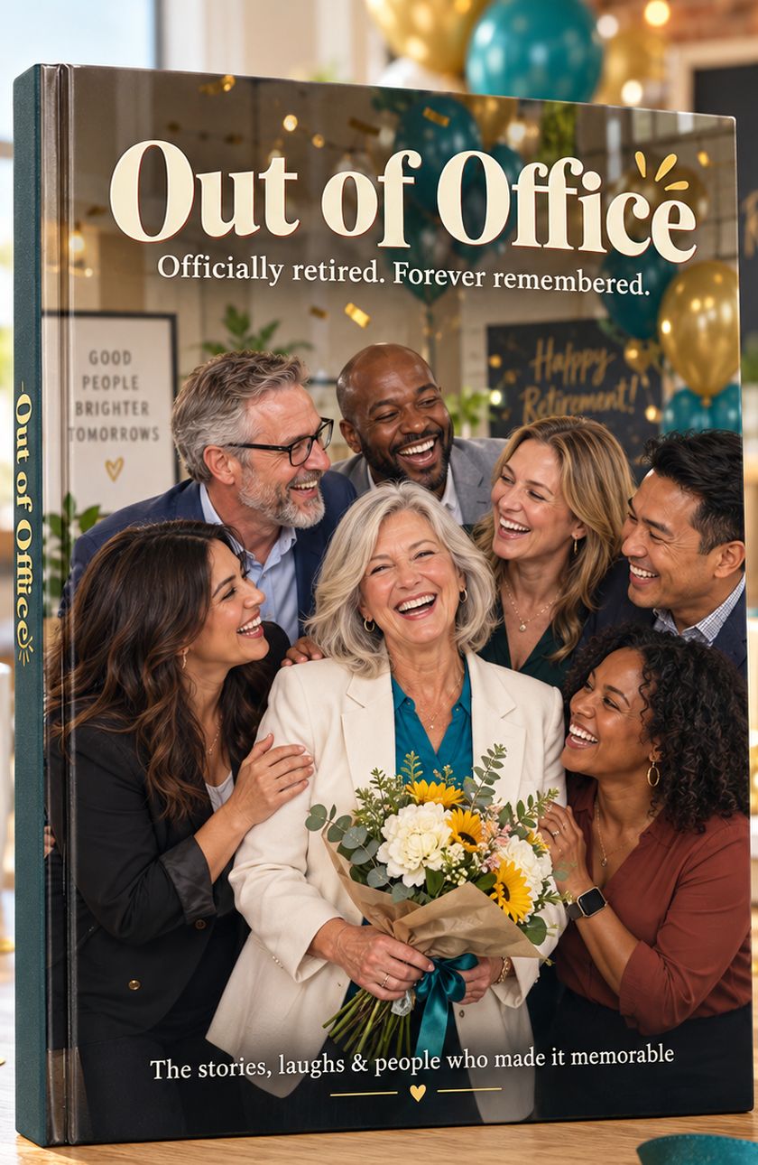 A retirement keepsake book titled Out of Office, with a photograph of a smiling woman holding flowers, surrounded by her coworkers