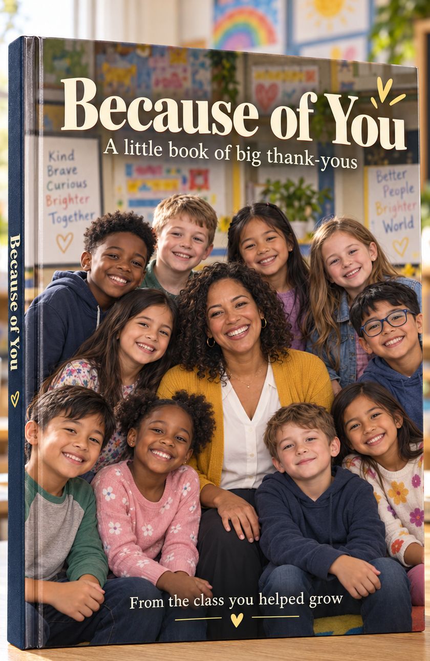 A teacher appreciation keepsake book titled Because of You, with a photograph of a teacher surrounded by her smiling class