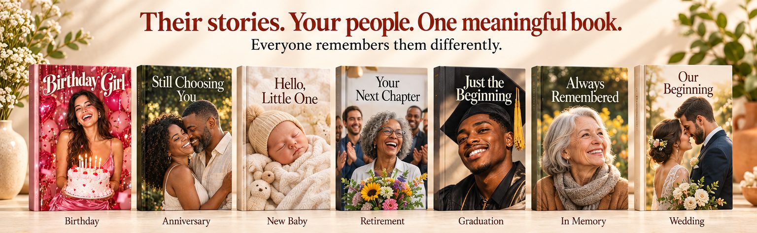 Their stories. Your people. One meaningful book. Seven keepsake books side by side: Birthday, Anniversary, New Baby, Retirement, Graduation, In Memory and Wedding